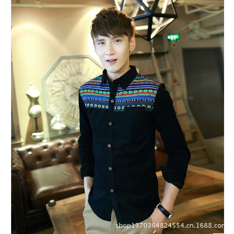 2013秋冬熱銷 燈芯絨加厚肩部彩條撞色男士長袖襯衫 C306-70